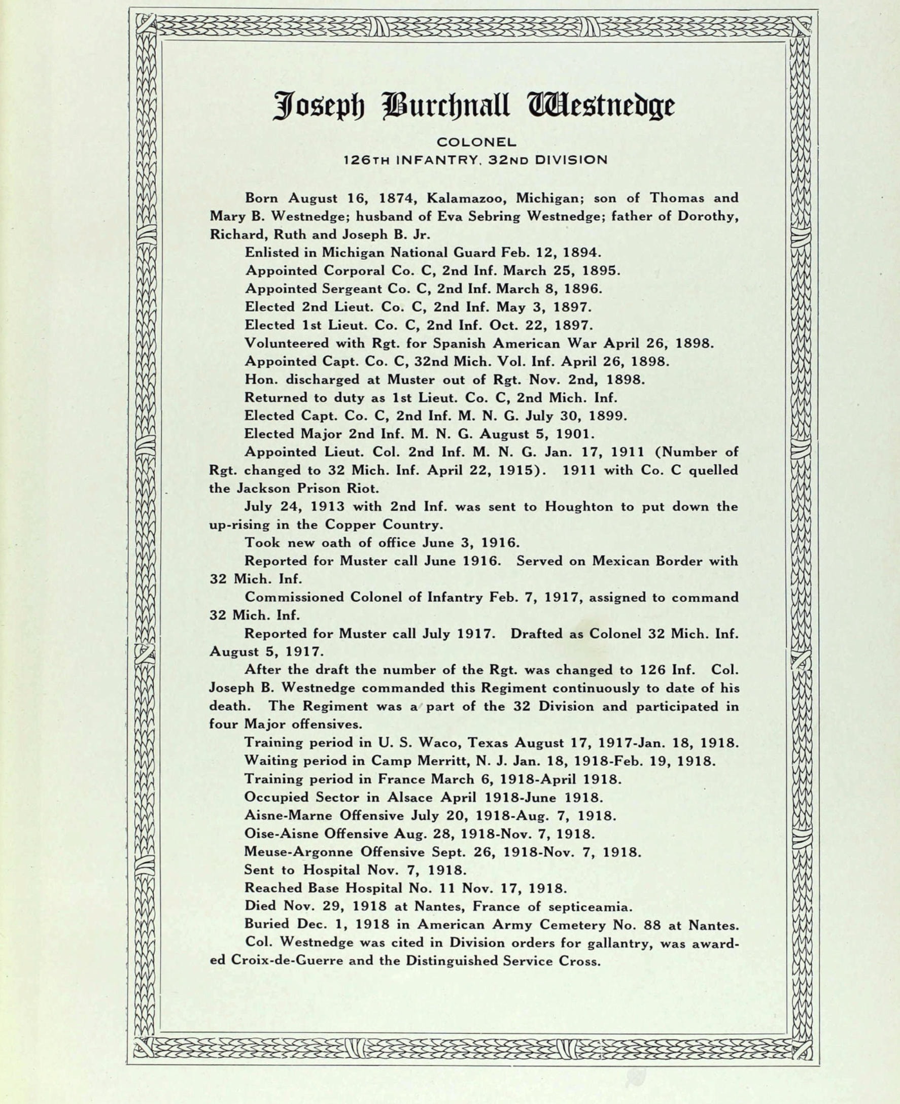 Official service record of Colonel Joseph Burchnall Westnedge, 126th Infantry, 32nd Division