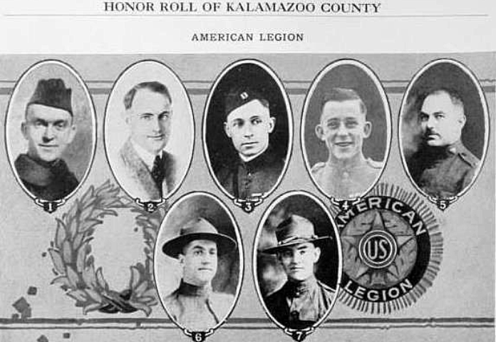 1- R. Wheeler Rickman, Finance Officer, 2- Carl D. Proctor, Vice-Cmdr., 3- James M. Wilson, Cmdr., 4- Charles B. Bietry, Historian, 5- J. W. Kramb, Adjutant 6- Grant Church, Chaplain, 7- Wm. Waite, Sgt. at Arms.